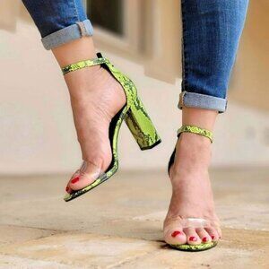 Neon Snakeskin Chunky Heel Sandals Women's Ankle Strap Open Round Toe Padded